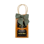 Too Good Gourmet Double Chocolate cocoa mix, 4 oz. gift bag with green striped bow and mini whisk.