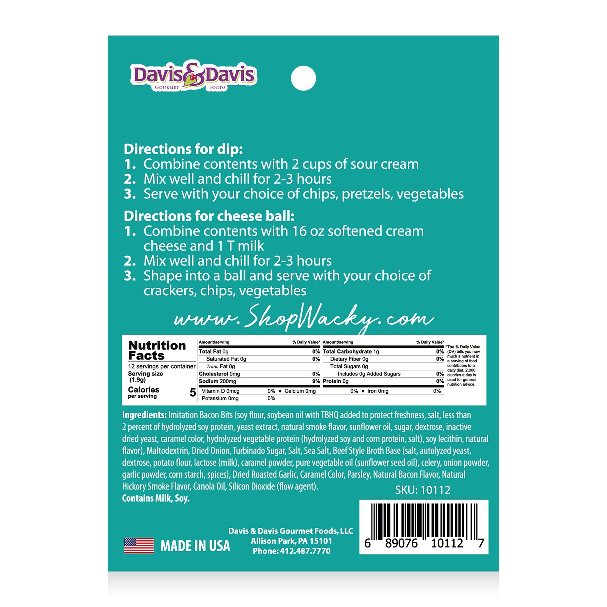 Davis & Davis Bacon Onion Dip Mix — ingredients and nutrition label